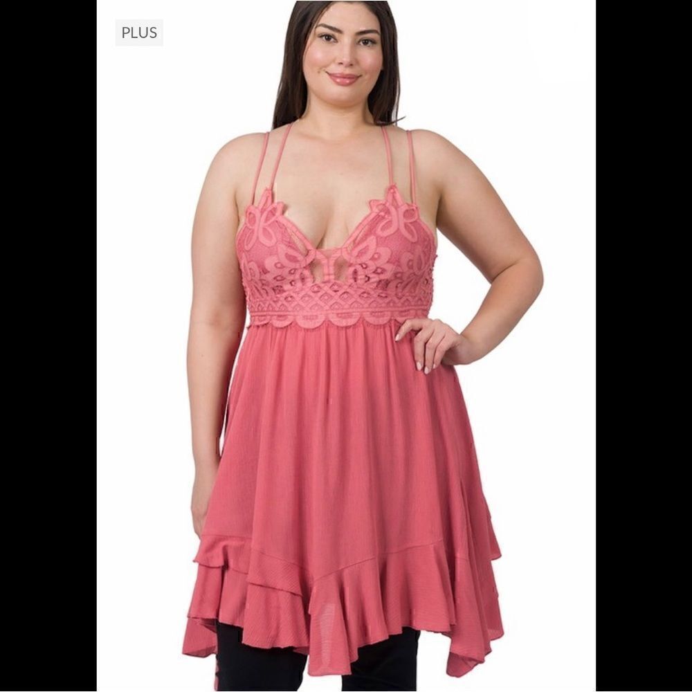 12. Plus Dusty Rose CROCHET LACE ASYMMETRIC SEXY RUFFLE TRIM DRESS NWT BOUTIQUE